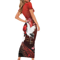 Hawaii and Japan Together Family Matching Short Sleeve Bodycon Dress and Hawaiian Shirt Polynesian Art Tattoo With Cranes And Sakura - Polynesian Pride