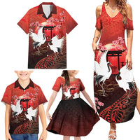 Hawaii and Japan Together Family Matching Summer Maxi Dress and Hawaiian Shirt Polynesian Art Tattoo With Cranes And Sakura - Polynesian Pride