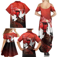 Hawaii and Japan Together Family Matching Summer Maxi Dress and Hawaiian Shirt Polynesian Art Tattoo With Cranes And Sakura - Polynesian Pride