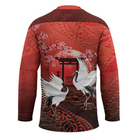 Hawaii and Japan Together Hockey Jersey Polynesian Art Tattoo With Cranes And Sakura - Polynesian Pride