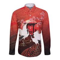Hawaii and Japan Together Long Sleeve Button Shirt Polynesian Art Tattoo With Cranes And Sakura - Polynesian Pride