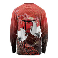 Hawaii and Japan Together Long Sleeve Shirt Polynesian Art Tattoo With Cranes And Sakura - Polynesian Pride