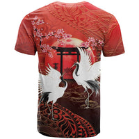 Hawaii and Japan Together T Shirt Polynesian Art Tattoo With Cranes And Sakura - Polynesian Pride