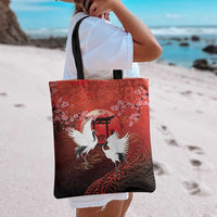 Hawaii and Japan Together Tote Bag Polynesian Art Tattoo With Cranes And Sakura - Polynesian Pride