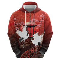 Hawaii and Japan Together Zip Hoodie Polynesian Art Tattoo With Cranes And Sakura - Polynesian Pride