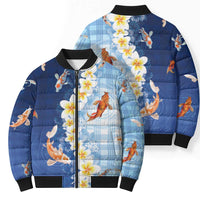 Hawaii And Japan Bomber Puffer Jacket Plumeria Lei With Koi Fish Blue - Polynesian Pride