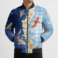 Hawaii And Japan Bomber Puffer Jacket Plumeria Lei With Koi Fish Blue - Polynesian Pride