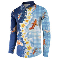 Hawaii And Japan Button Sweatshirt Plumeria Lei With Koi Fish Blue - Polynesian Pride