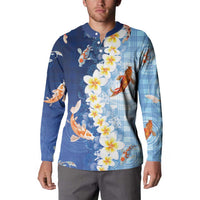 Hawaii And Japan Button Sweatshirt Plumeria Lei With Koi Fish Blue - Polynesian Pride