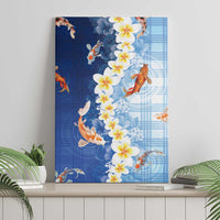 Hawaii And Japan Canvas Wall Art Plumeria Lei With Koi Fish Blue - Polynesian Pride