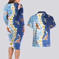 Hawaii And Japan Couples Matching Long Sleeve Bodycon Dress and Hawaiian Shirt Plumeria Lei With Koi Fish Blue LT05 - Polynesian Pride
