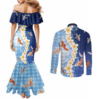 Hawaii And Japan Couples Matching Mermaid Dress and Long Sleeve Button Shirt Plumeria Lei With Koi Fish Blue - Polynesian Pride