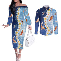 Hawaii And Japan Couples Matching Off The Shoulder Long Sleeve Dress and Long Sleeve Button Shirt Plumeria Lei With Koi Fish Blue - Polynesian Pride