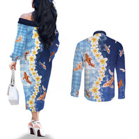 Hawaii And Japan Couples Matching Off The Shoulder Long Sleeve Dress and Long Sleeve Button Shirt Plumeria Lei With Koi Fish Blue - Polynesian Pride