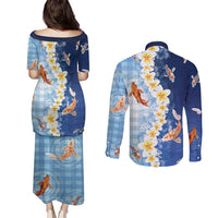Hawaii And Japan Couples Matching Puletasi and Long Sleeve Button Shirt Plumeria Lei With Koi Fish Blue - Polynesian Pride