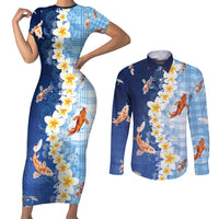 Hawaii And Japan Couples Matching Short Sleeve Bodycon Dress and Long Sleeve Button Shirt Plumeria Lei With Koi Fish Blue - Polynesian Pride