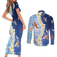 Hawaii And Japan Couples Matching Short Sleeve Bodycon Dress and Long Sleeve Button Shirt Plumeria Lei With Koi Fish Blue - Polynesian Pride