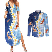 Hawaii And Japan Couples Matching Summer Maxi Dress and Long Sleeve Button Shirt Plumeria Lei With Koi Fish Blue - Polynesian Pride