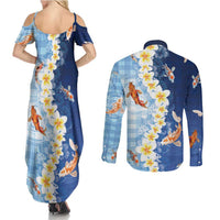 Hawaii And Japan Couples Matching Summer Maxi Dress and Long Sleeve Button Shirt Plumeria Lei With Koi Fish Blue - Polynesian Pride