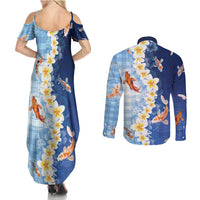 Hawaii And Japan Couples Matching Summer Maxi Dress and Long Sleeve Button Shirt Plumeria Lei With Koi Fish Blue - Polynesian Pride