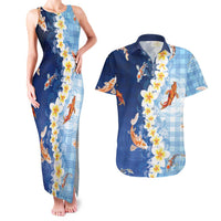 Hawaii And Japan Couples Matching Tank Maxi Dress and Hawaiian Shirt Plumeria Lei With Koi Fish Blue - Polynesian Pride