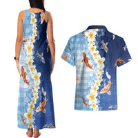 Hawaii And Japan Couples Matching Tank Maxi Dress and Hawaiian Shirt Plumeria Lei With Koi Fish Blue - Polynesian Pride