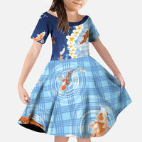 Hawaii And Japan Family Matching Off The Shoulder Long Sleeve Dress and Hawaiian Shirt Plumeria Lei With Koi Fish Blue LT05 Daughter's Dress Blue - Polynesian Pride