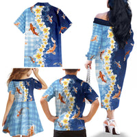 Hawaii And Japan Family Matching Off The Shoulder Long Sleeve Dress and Hawaiian Shirt Plumeria Lei With Koi Fish Blue - Polynesian Pride