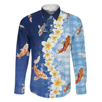 Hawaii And Japan Family Matching Off The Shoulder Long Sleeve Dress and Hawaiian Shirt Plumeria Lei With Koi Fish Blue LT05 Dad's Shirt - Long Sleeve Blue - Polynesian Pride