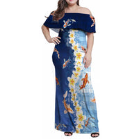 Hawaii And Japan Family Matching Off Shoulder Maxi Dress and Hawaiian Shirt Plumeria Lei With Koi Fish Blue - Polynesian Pride