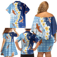Hawaii And Japan Family Matching Off Shoulder Short Dress and Hawaiian Shirt Plumeria Lei With Koi Fish Blue - Polynesian Pride