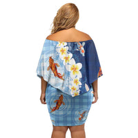 Hawaii And Japan Family Matching Off Shoulder Short Dress and Hawaiian Shirt Plumeria Lei With Koi Fish Blue - Polynesian Pride