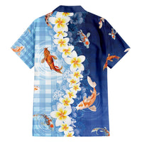 Hawaii And Japan Family Matching Short Sleeve Bodycon Dress and Hawaiian Shirt Plumeria Lei With Koi Fish Blue - Polynesian Pride