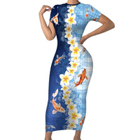 Hawaii And Japan Family Matching Short Sleeve Bodycon Dress and Hawaiian Shirt Plumeria Lei With Koi Fish Blue - Polynesian Pride