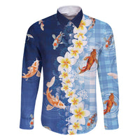 Hawaii And Japan Family Matching Summer Maxi Dress and Hawaiian Shirt Plumeria Lei With Koi Fish Blue LT05 Dad's Shirt - Long Sleeve Blue - Polynesian Pride