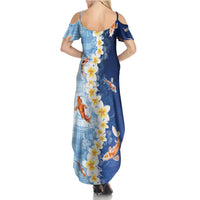 Hawaii And Japan Family Matching Summer Maxi Dress and Hawaiian Shirt Plumeria Lei With Koi Fish Blue - Polynesian Pride