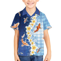 Hawaii And Japan Kid Hawaiian Shirt Plumeria Lei With Koi Fish Blue LT05 Kid Blue - Polynesian Pride