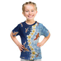 Hawaii And Japan Kid T Shirt Plumeria Lei With Koi Fish Blue - Polynesian Pride