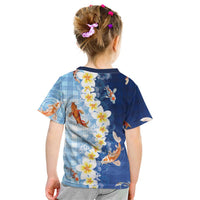 Hawaii And Japan Kid T Shirt Plumeria Lei With Koi Fish Blue - Polynesian Pride