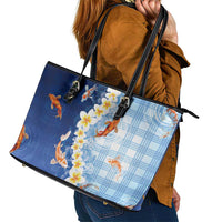 Hawaii And Japan Leather Tote Bag Plumeria Lei With Koi Fish Blue - Polynesian Pride