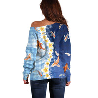 Hawaii And Japan Off Shoulder Sweater Plumeria Lei With Koi Fish Blue - Polynesian Pride