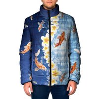 Hawaii And Japan Padded Jacket Plumeria Lei With Koi Fish Blue - Polynesian Pride