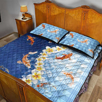 Hawaii And Japan Quilt Bed Set Plumeria Lei With Koi Fish Blue - Polynesian Pride
