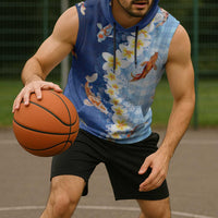 Hawaii And Japan Sleeveless Hoodie Plumeria Lei With Koi Fish Blue - Polynesian Pride