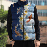 Hawaii And Japan Sleeveless Puffer Jacket Plumeria Lei With Koi Fish Blue - Polynesian Pride