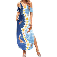 Hawaii And Japan Summer Maxi Dress Plumeria Lei With Koi Fish Blue - Polynesian Pride