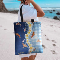 Hawaii And Japan Tote Bag Plumeria Lei With Koi Fish Blue - Polynesian Pride