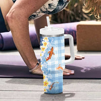 Hawaii And Japan Tumbler With Handle Plumeria Lei With Koi Fish Blue - Polynesian Pride
