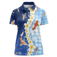 Hawaii And Japan Women Polo Shirt Plumeria Lei With Koi Fish Blue - Polynesian Pride