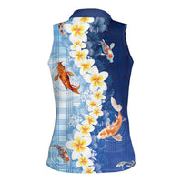 Hawaii And Japan Women Sleeveless Polo Shirt Plumeria Lei With Koi Fish Blue - Polynesian Pride